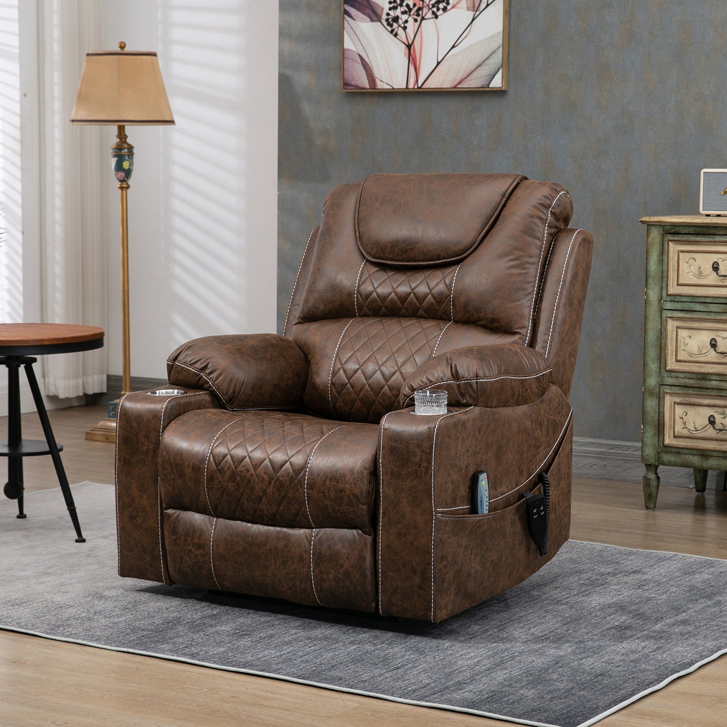 SYNGAR Power Lift Recliner Chairs for Adults, Oversize Lift Chair with Heat and Massage, Modern Leather Single Reclining Chair up to 180 Degrees with Cup Holders, Side Pockets, Brown