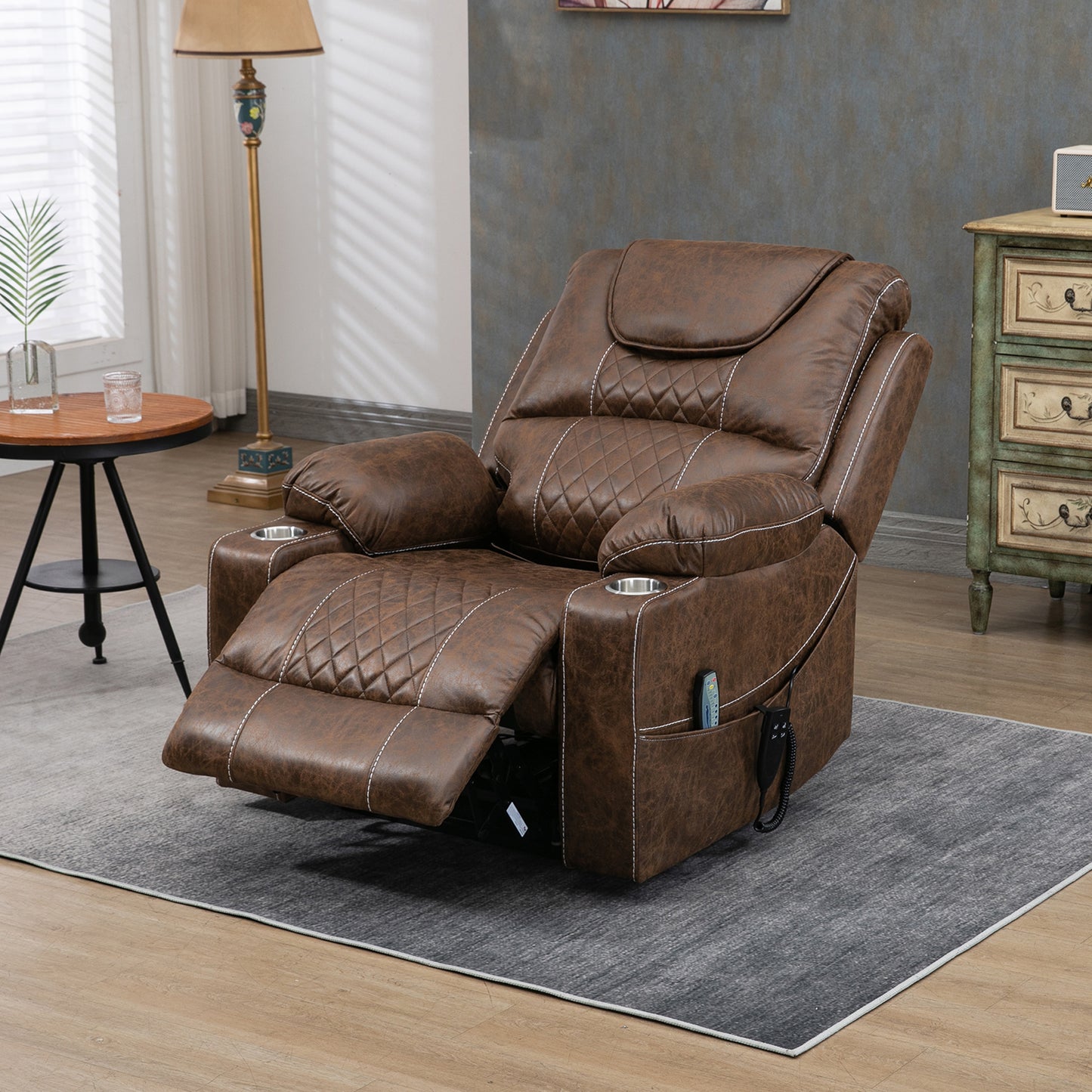 SYNGAR Power Lift Recliner Chairs for Adults, Oversize Lift Chair with Heat and Massage, Modern Leather Single Reclining Chair up to 180 Degrees with Cup Holders, Side Pockets, Brown