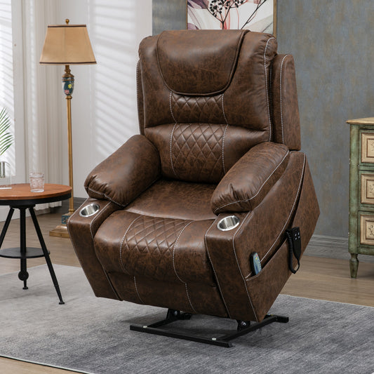 SYNGAR Power Lift Recliner Chairs for Adults, Oversize Lift Chair with Heat and Massage, Modern Leather Single Reclining Chair up to 180 Degrees with Cup Holders, Side Pockets, Brown