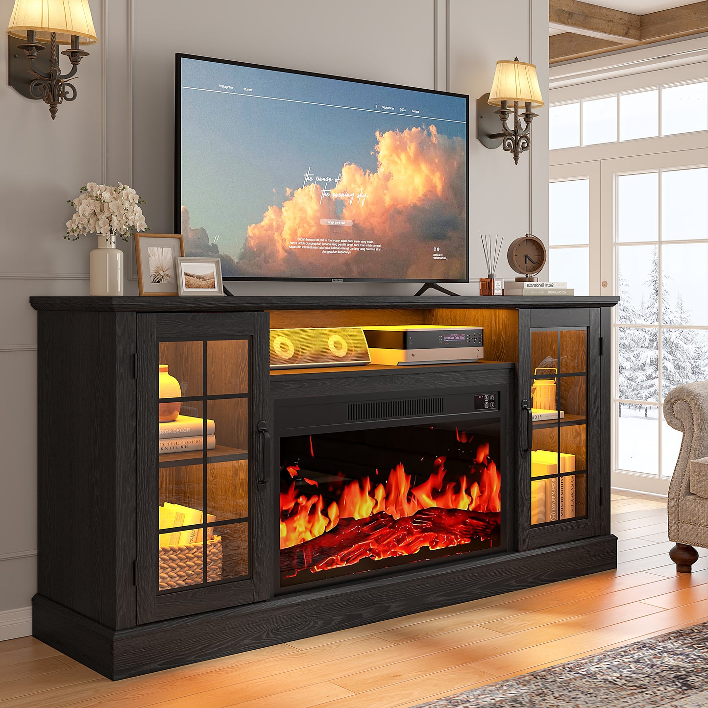 SYNGAR 63" Fireplace TV Stand for TVs up to 70" with 32" Electric Fireplace, Entertainment Center with LED, Modern Television Table Center With Remote Control for Living Room, Black