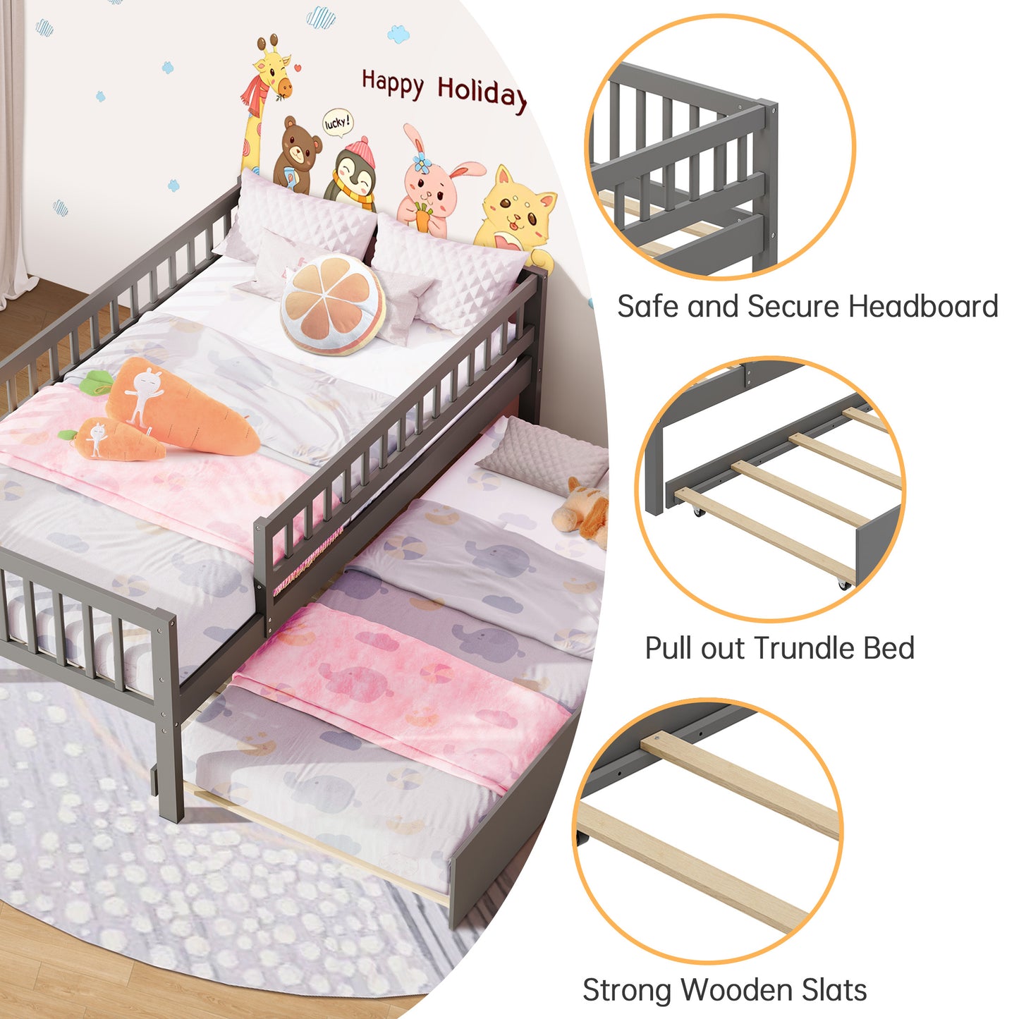 SYNGAR Twin Bed With Pull Out Trundle for Kids, Wooden Twin Size Bed Frames with Guardrails for Kid's Room, Bedroom, Trundle Bed Frame, No Box Spring Needed, Wood Slat Support, Gary