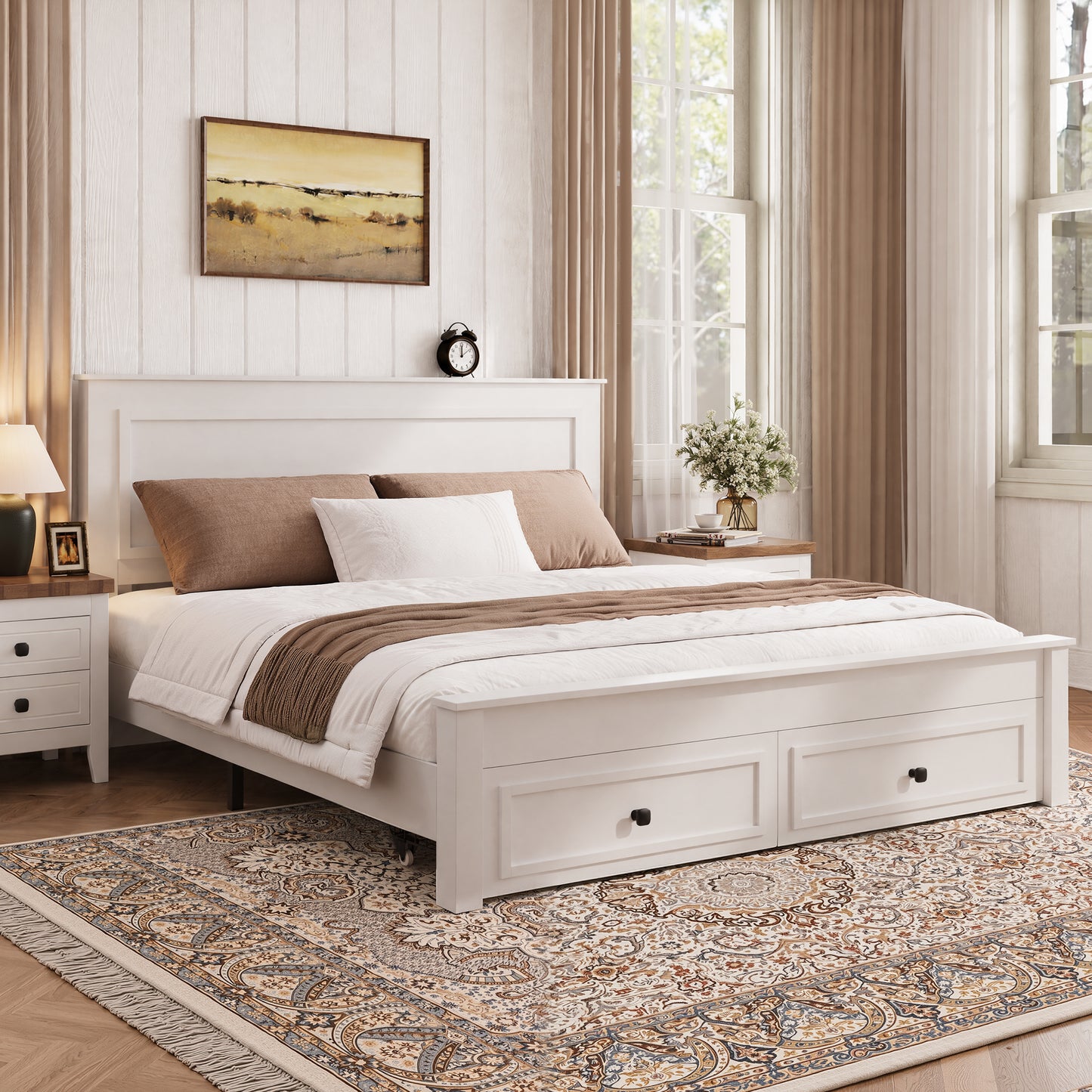 SYNGAR Queen Bed Frame with Storage, Queen Size Platform Bed with 2 Drawers, Wooden Bed Frame with Headboard, Heavy Duty Wood Support, No Box Spring, Farmhouse White Bed