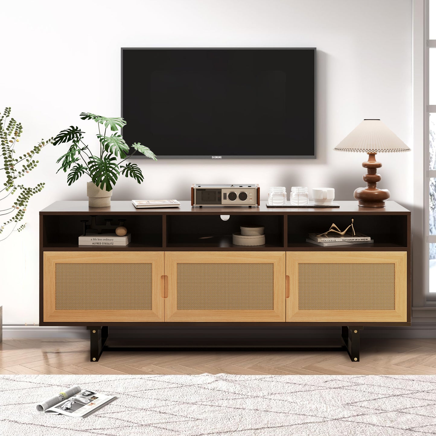 SYNGAR TV Console for 75" Inches TV, Modern TV Cabinet With 3 Rattan Doors and Wood Leg, Wood Entertainment Center with Storage Cabinet and Shelves, TV & Media Furniture, Espresso