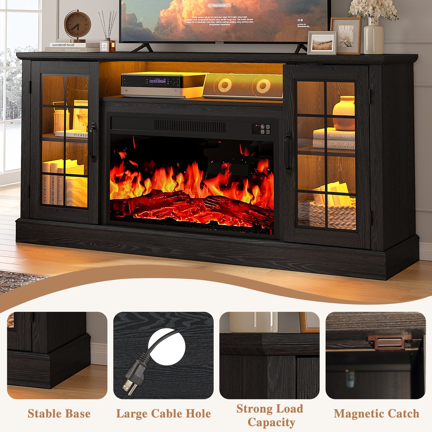 SYNGAR 63" Fireplace TV Stand for TVs up to 70" with 32" Electric Fireplace, Entertainment Center with LED, Modern Television Table Center With Remote Control for Living Room, Black