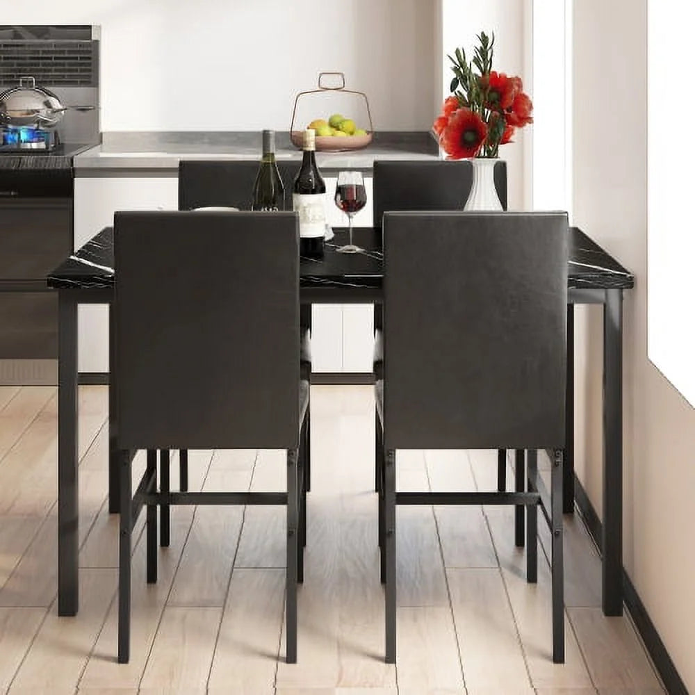 5 Piece Dining Set, Modern Dining Table and Chairs Set for 4, Kitchen Dining Table Set with Faux Marble Tabletop and 4 PU Leather Upholstered Chairs