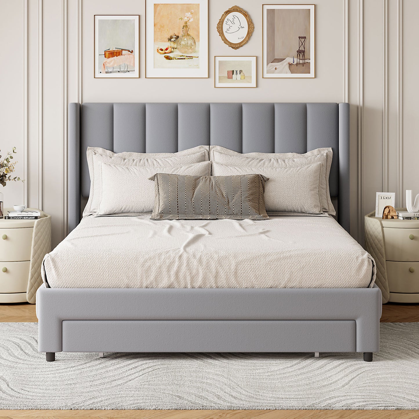 SYNGAR Queen Size Bed Frame, Modern Upholstered Velvet Platform Bed Frame with Headboard and Drawer, Strong Support Legs and Wood Slats, No Box Spring Needed, Easy Assembly, Gray