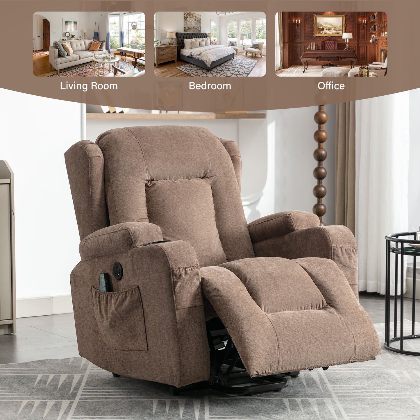 Power Lift Recliner Chair, Electric Elderly Sofa with Heat and Massage Function, Heavy Duty Reclining Mechanism with USB Charge Port, Cup Holders, Side Pockets for Living Room Home Theater, Brown