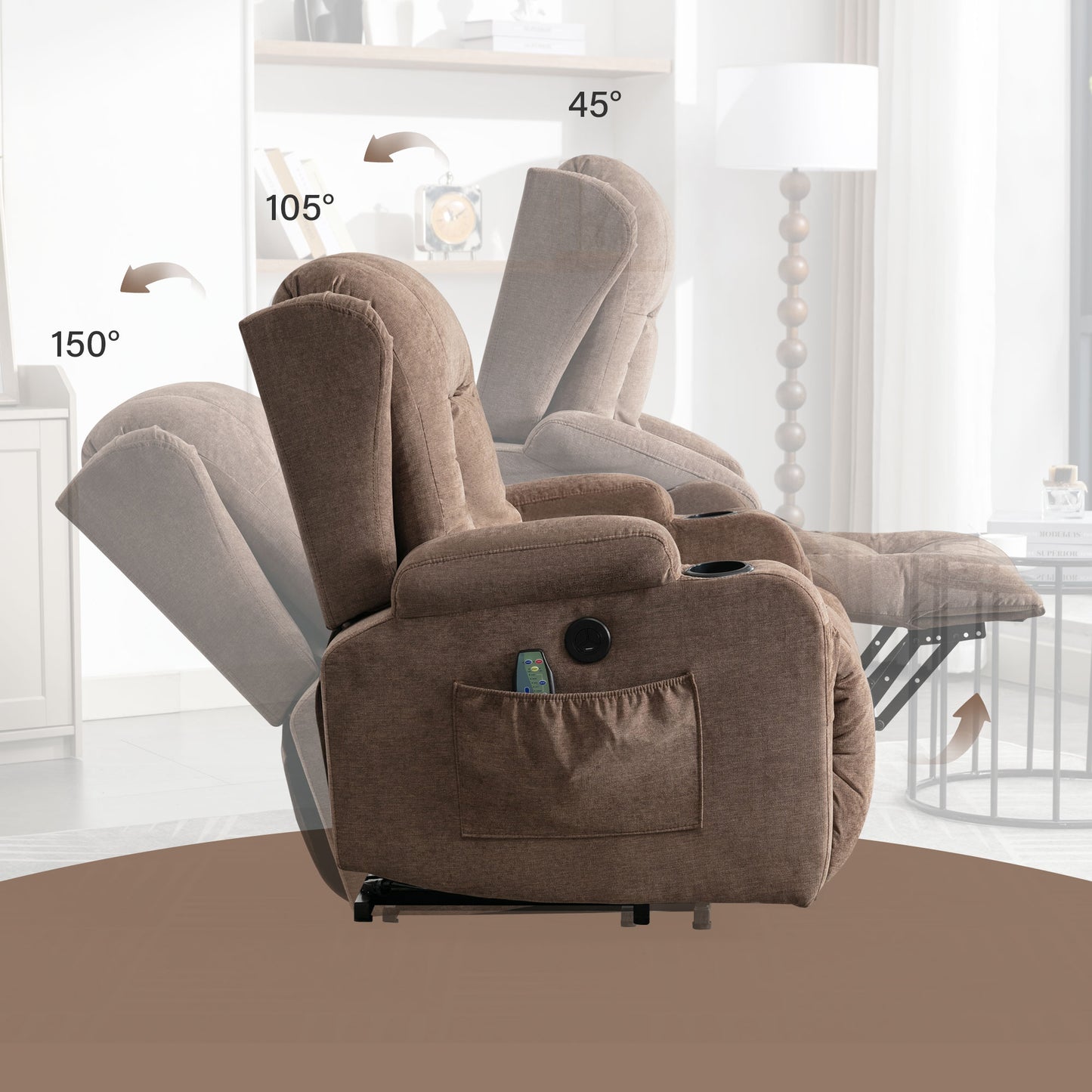 Power Lift Recliner Chair, Electric Elderly Sofa with Heat and Massage Function, Heavy Duty Reclining Mechanism with USB Charge Port, Cup Holders, Side Pockets for Living Room Home Theater, Brown