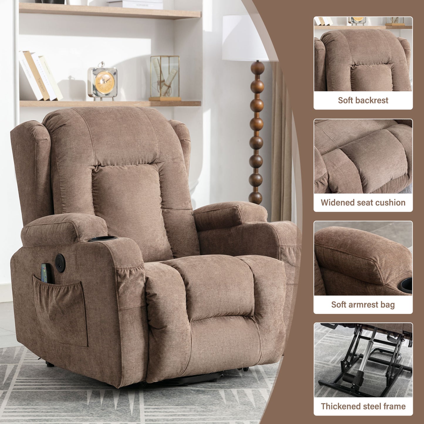 Power Lift Recliner Chair, Electric Elderly Sofa with Heat and Massage Function, Heavy Duty Reclining Mechanism with USB Charge Port, Cup Holders, Side Pockets for Living Room Home Theater, Brown