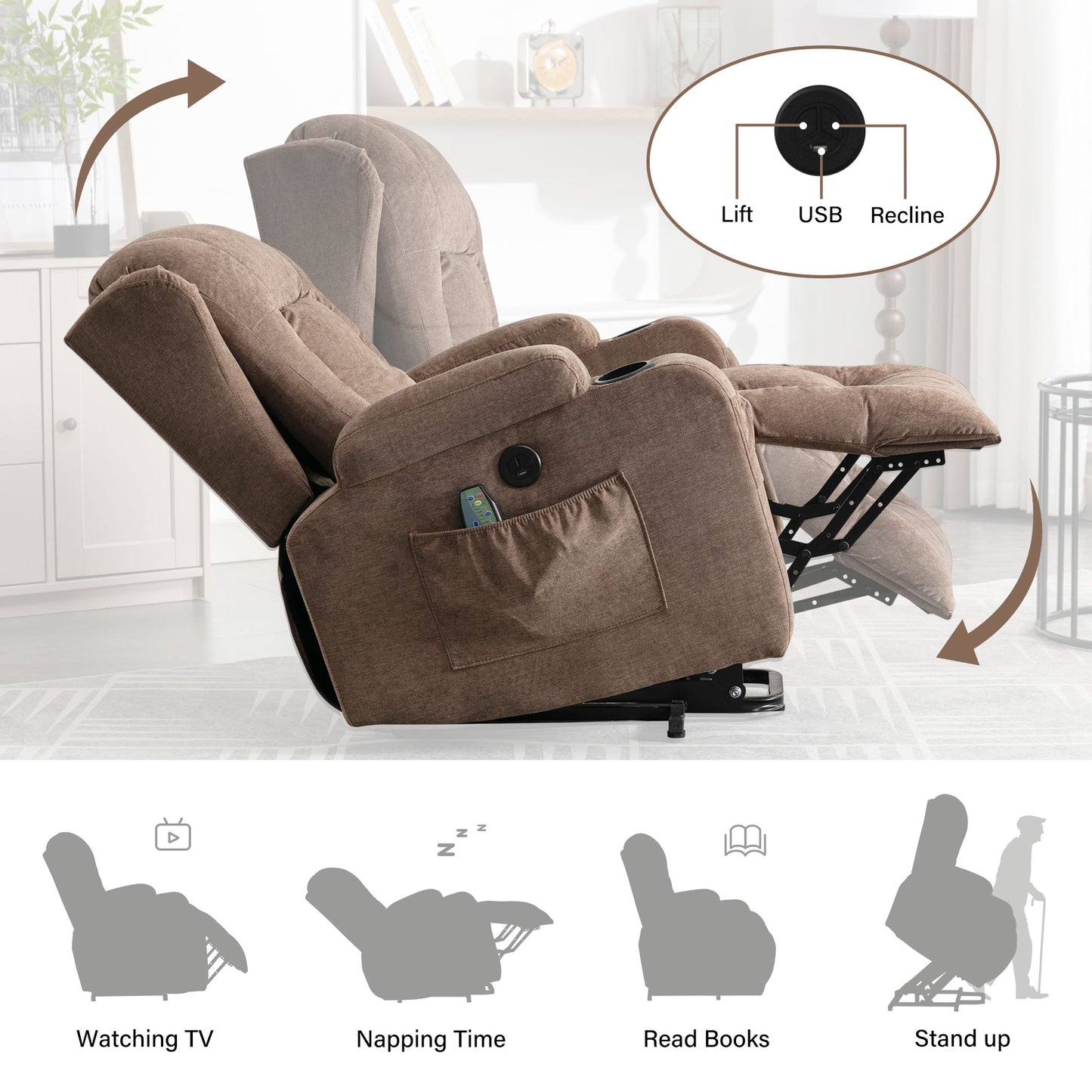 Power Lift Recliner Chair, Electric Elderly Sofa with Heat and Massage Function, Heavy Duty Reclining Mechanism with USB Charge Port, Cup Holders, Side Pockets for Living Room Home Theater, Brown