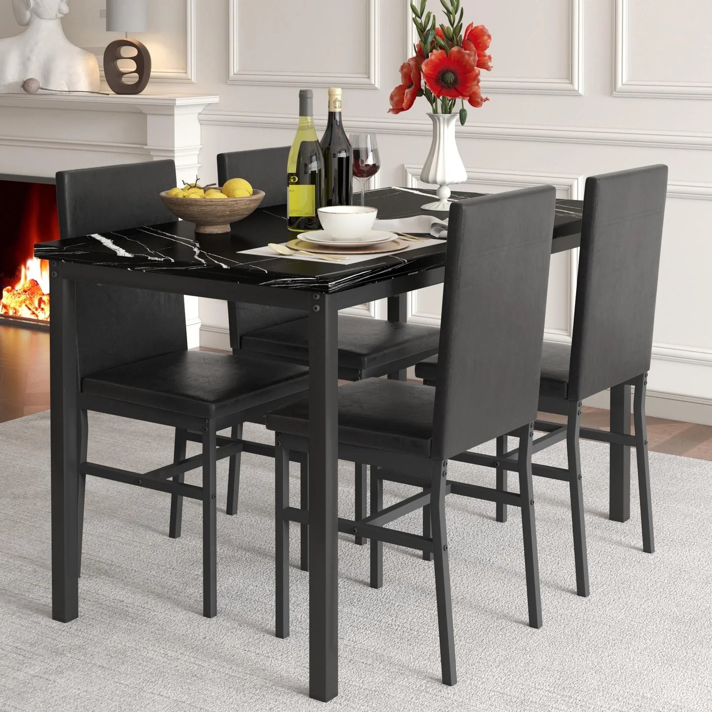 5 Piece Dining Set, Modern Dining Table and Chairs Set for 4, Kitchen Dining Table Set with Faux Marble Tabletop and 4 Upholstered Chairs, for Small Space, Breakfast Nook, D8531