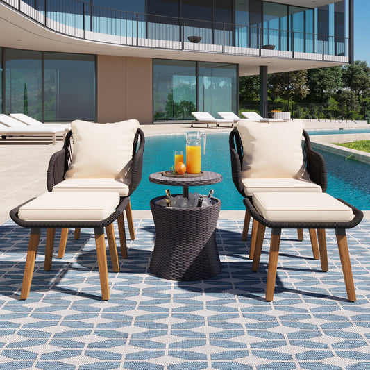5 Piece Wicker Patio Furniture Set, Rattan Patio Chair Set with Ottoman and Wicker Cool Bar Table, Outdoor Furniture Set with Beige Seat Cushion for Garden, Backyard, Porch, Balcony, Poolside