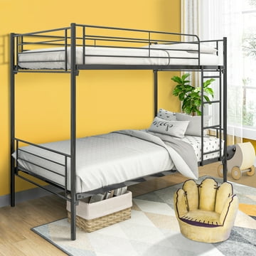 SYNGAR Twin over Twin Bunk Bed with Storage Space, Loft Bunk Bed with Built-in Ladder and Safe Guardrail, Heavy Duty Metal Bunk Bed for Kids Teens Adults Bedroom Apartment, Black
