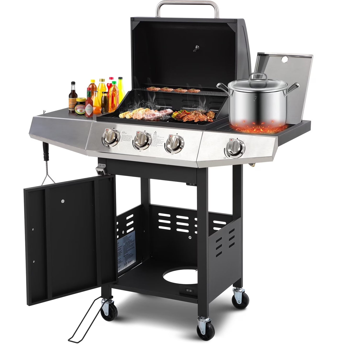 40000 BTU Gas Grill with Side Burner, Seizeen 3-Burner Stainless Steel Barbecue Grill for Outdoor BBQ, Camping and Outdoor Cooking Kitchen