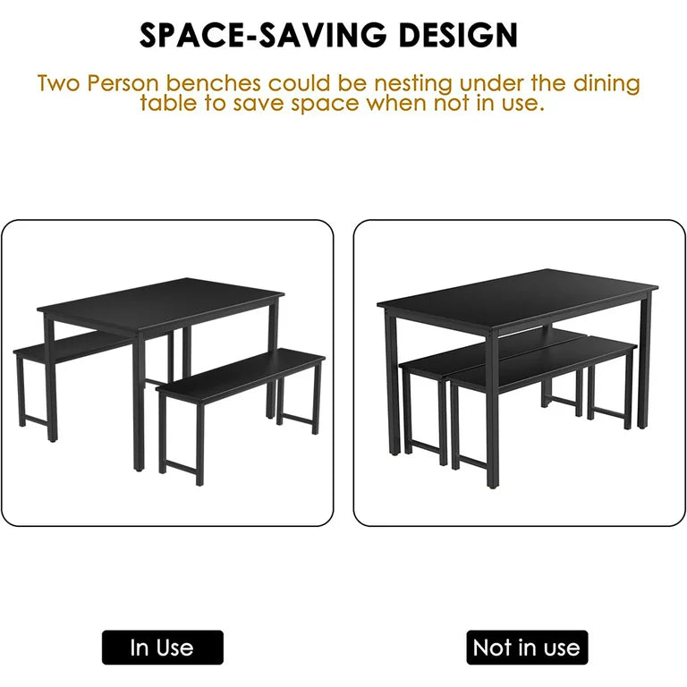 3 Piece Dining Table Set, Modern Kitchen Table and Bench for 6, MDF Board Table Top and Metal Frame Kitchen Furniture Set, Breakfast Nook Table with Two Benches for Home Apartment Office, B1204