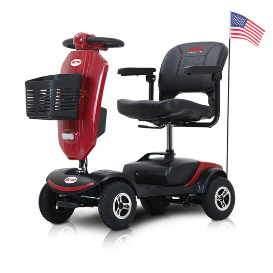 SYNGAR Foldable Mobility Scooters for Seniors and Adults, 4 Wheels Electric Powered Mobility Scooters for Travel with Cup Holders&USB Port, Anti-tip Wheels, Removable Basket, 15 Miles Range, Red