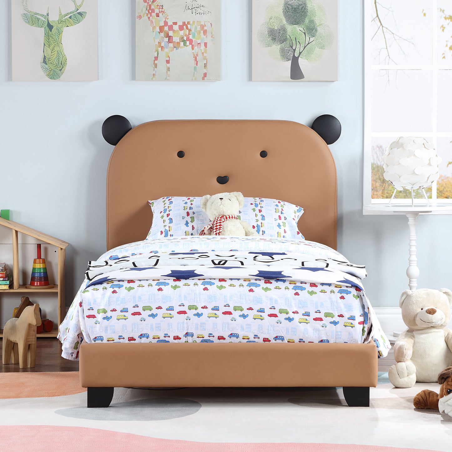 Twin Bed Frame with Headboard for Kids and Teens, Cute Bear Shape Upholstered Platform Bed Frame with Wood Slat, Twin Size Platform Bed Frame with Footboard, No Box Spring Needed, Brown