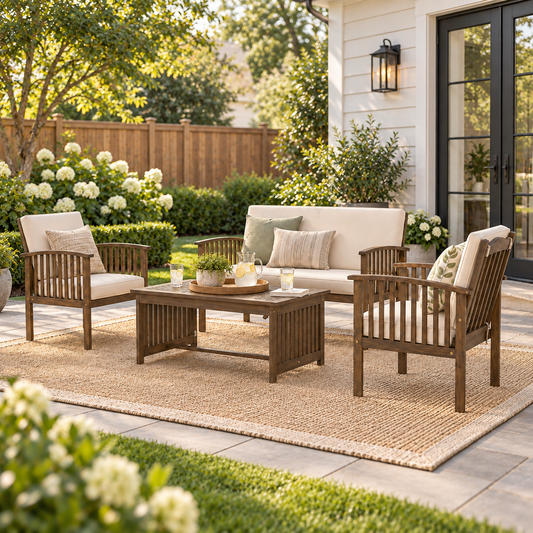 Syngar 4-Piece Acacia Wood Patio Conversation Set, Outdoor Sectional Furniture Set with 55 Loveseat, 2 Armchairs and Coffee Table, Cushioned Outdoor Seating Set for Backyard, Porch, Garden and Deck
