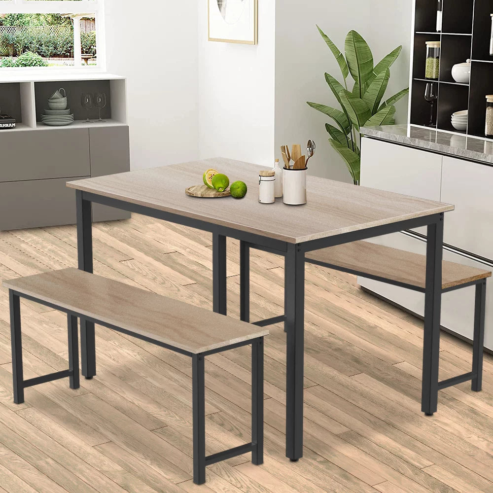 3 Piece Dining Table Set, Modern Kitchen Table and Bench for 6, MDF Board Table Top and Metal Frame Kitchen Furniture Set, Breakfast Nook Table with Two Benches for Home Apartment Office, B1204