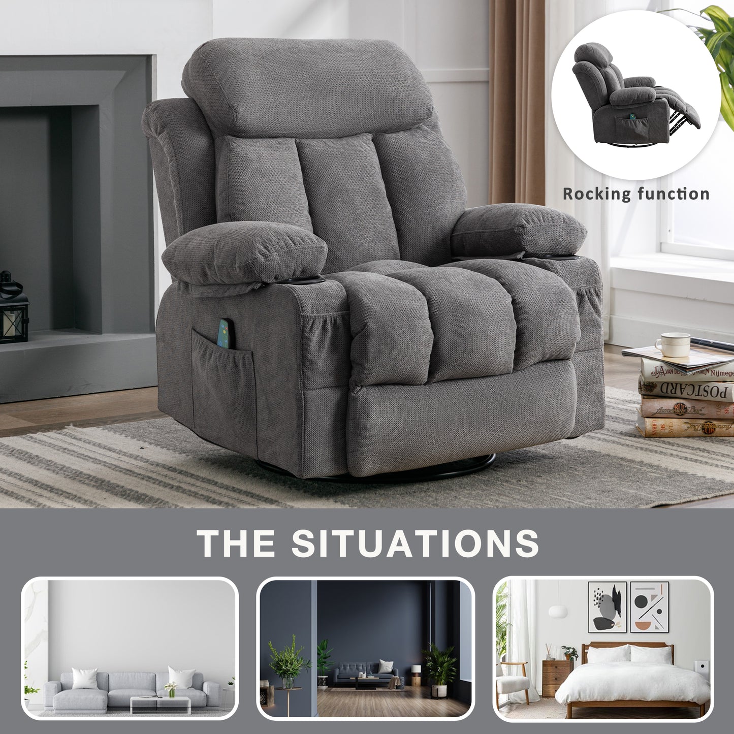 SYNGAR Recliner Chair for Elderly, Massage Chair with USB, Cup Holders and Side Pockets, Living Room Single Sofa Seat Nursery Swivel Rocker Sofa Lounge Chair, Heavy Duty Reclining Mechanism, Gray