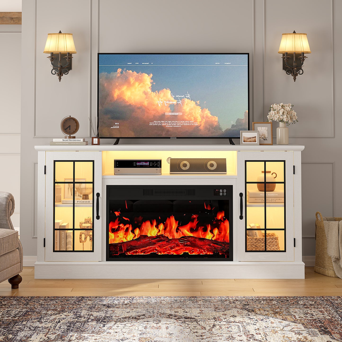 SYNGAR 63" Fireplace TV Stand for TVs up to 70" with 32" Electric Fireplace, Entertainment Center with LED, Modern Television Table Center With Remote Control for Living Room, Black