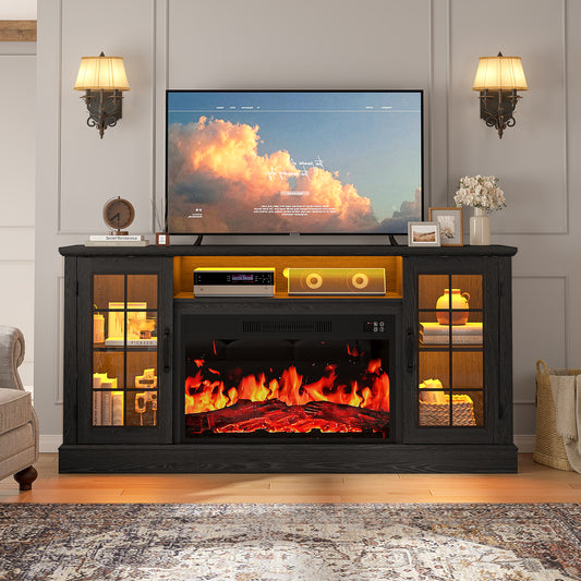 SYNGAR 63" Fireplace TV Stand for TVs up to 70" with 32" Electric Fireplace, Entertainment Center with LED, Modern Television Table Center With Remote Control for Living Room, Black