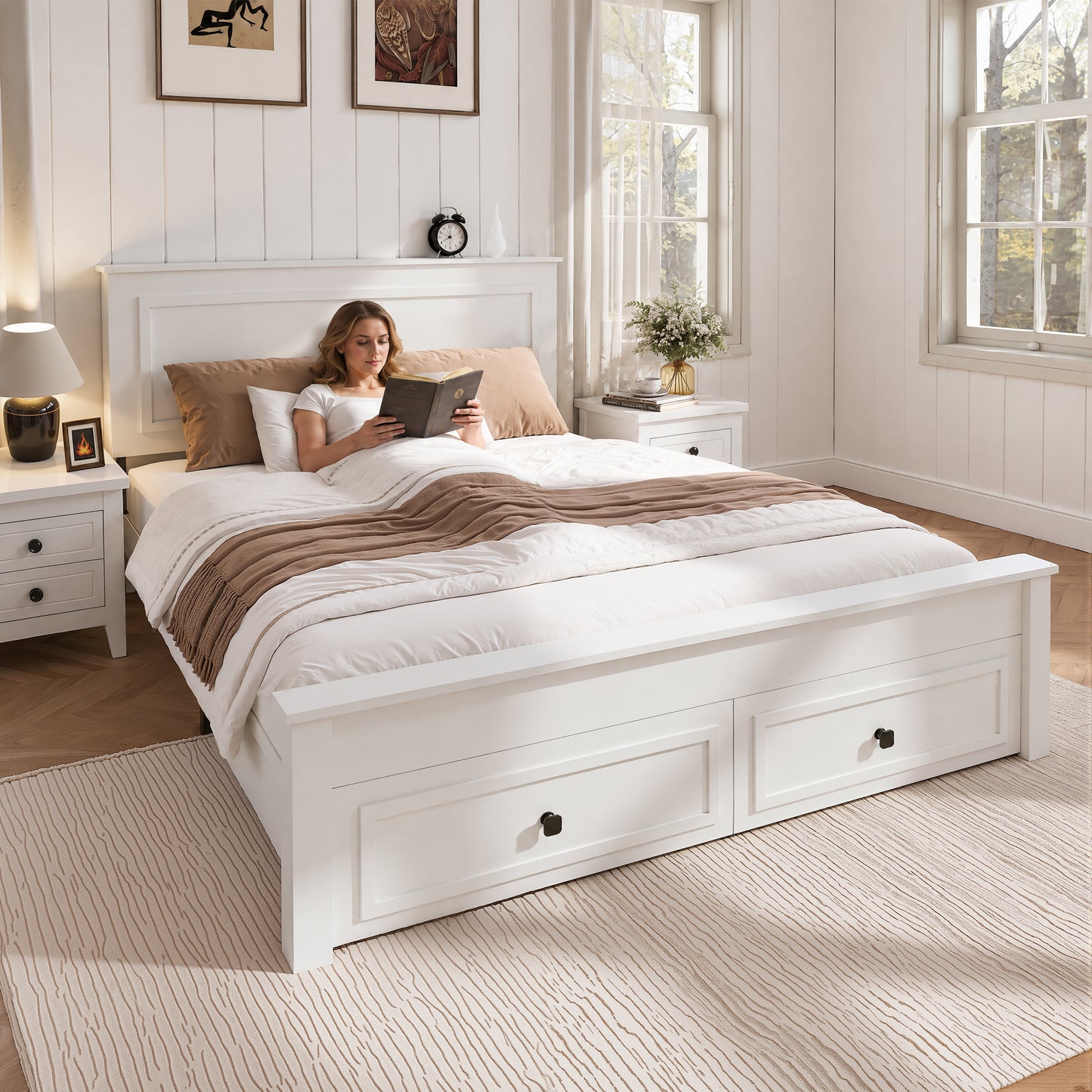 SYNGAR Queen Bed Frame with Storage, Queen Size Platform Bed with 2 Drawers, Wooden Bed Frame with Headboard, Heavy Duty Wood Support, No Box Spring, Farmhouse White Bed