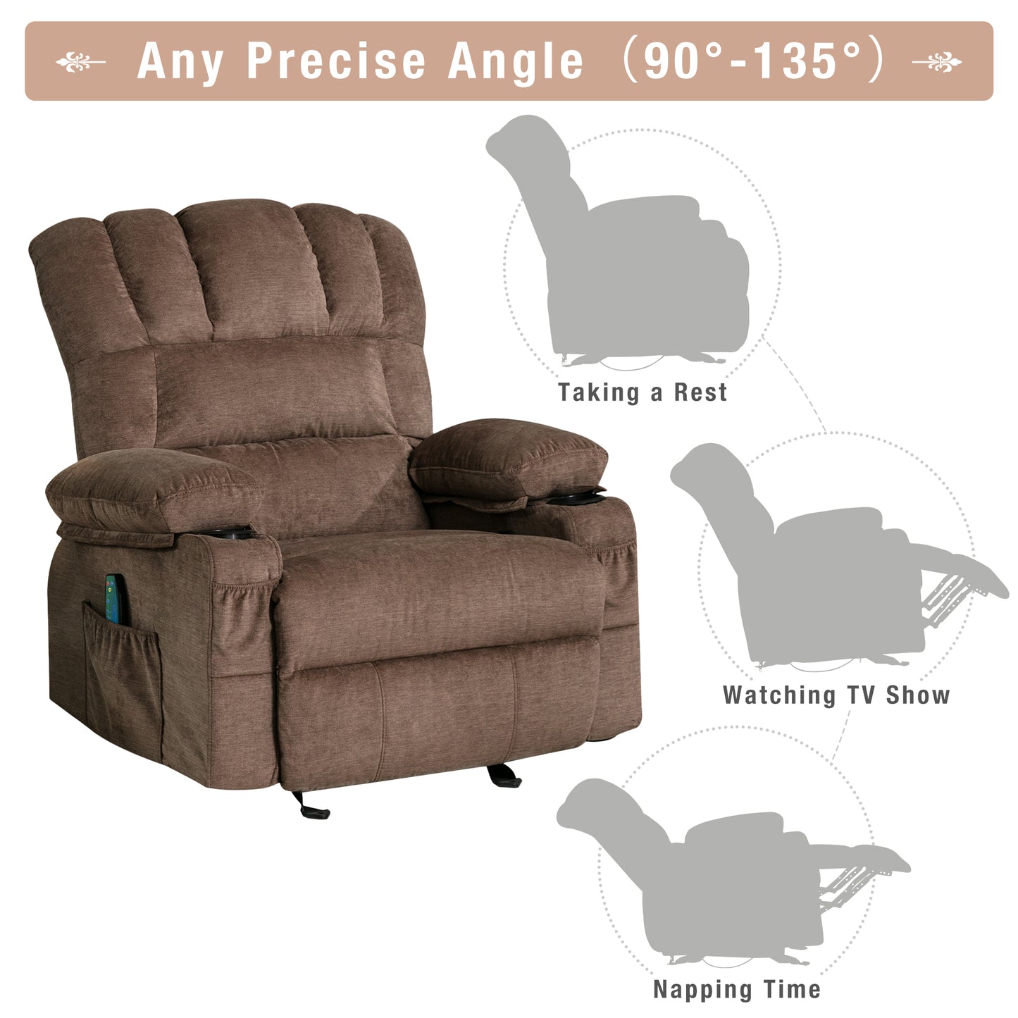 SYNGAR Manual Recliner Chair with Heat and Vibration Massage, Fabric Elderly Single Reclining Rocker Sofa with USB Charge Port, Cup Holders and Side Pocket for Bedroom Home Theater, Brown