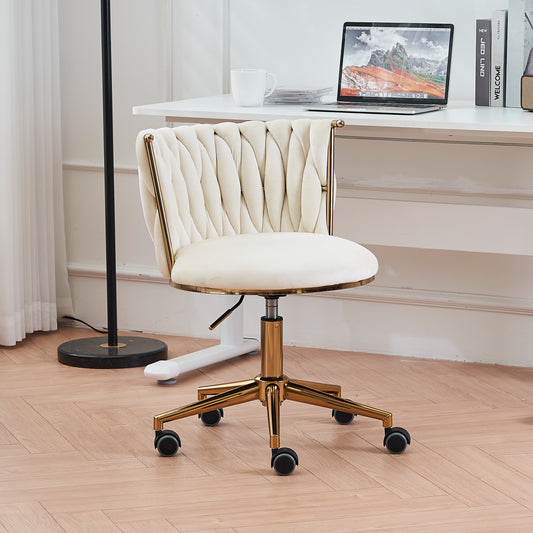 Home Office Desk Chair, SYNGAR Modern Criss-Cross Chair with Wheels, Upholstered Vanity Chair, Computer Chair Office Chair for Living Room Bedroom, Mid Back Height, Beige