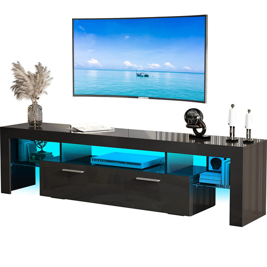 SYNGAR TV Stands for Living Room with LED Light up to 55" TV, Modern Entertainment Center with Storage Drawers and Glass Storage Shelves, Media Console, TV Stand Cabinet, Black