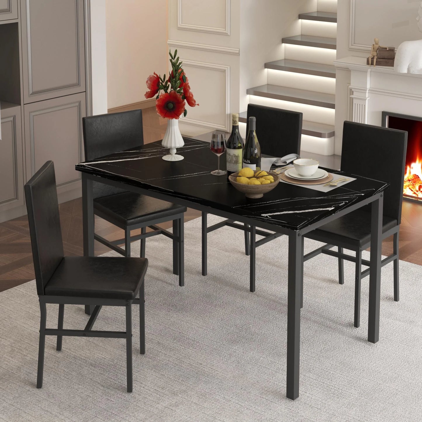 5 Piece Dining Set, Modern Dining Table and Chairs Set for 4, Kitchen Dining Table Set with Faux Marble Tabletop and 4 PU Leather Upholstered Chairs