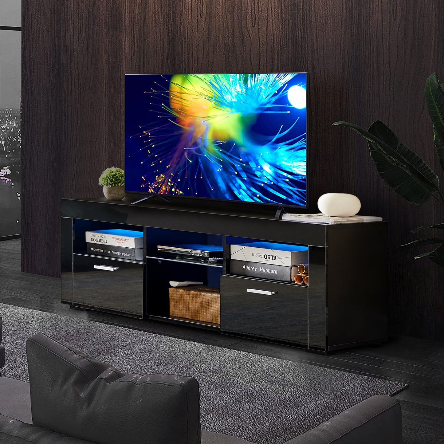 SYNGAR Black TV Stand for 55 inch TV, Modern High Glossy TV Console Table Stand with 16 Colors LED Lights, Living Room TV Table Stand Buffet Cabinet with Storage, 51"L×14" W×16"H