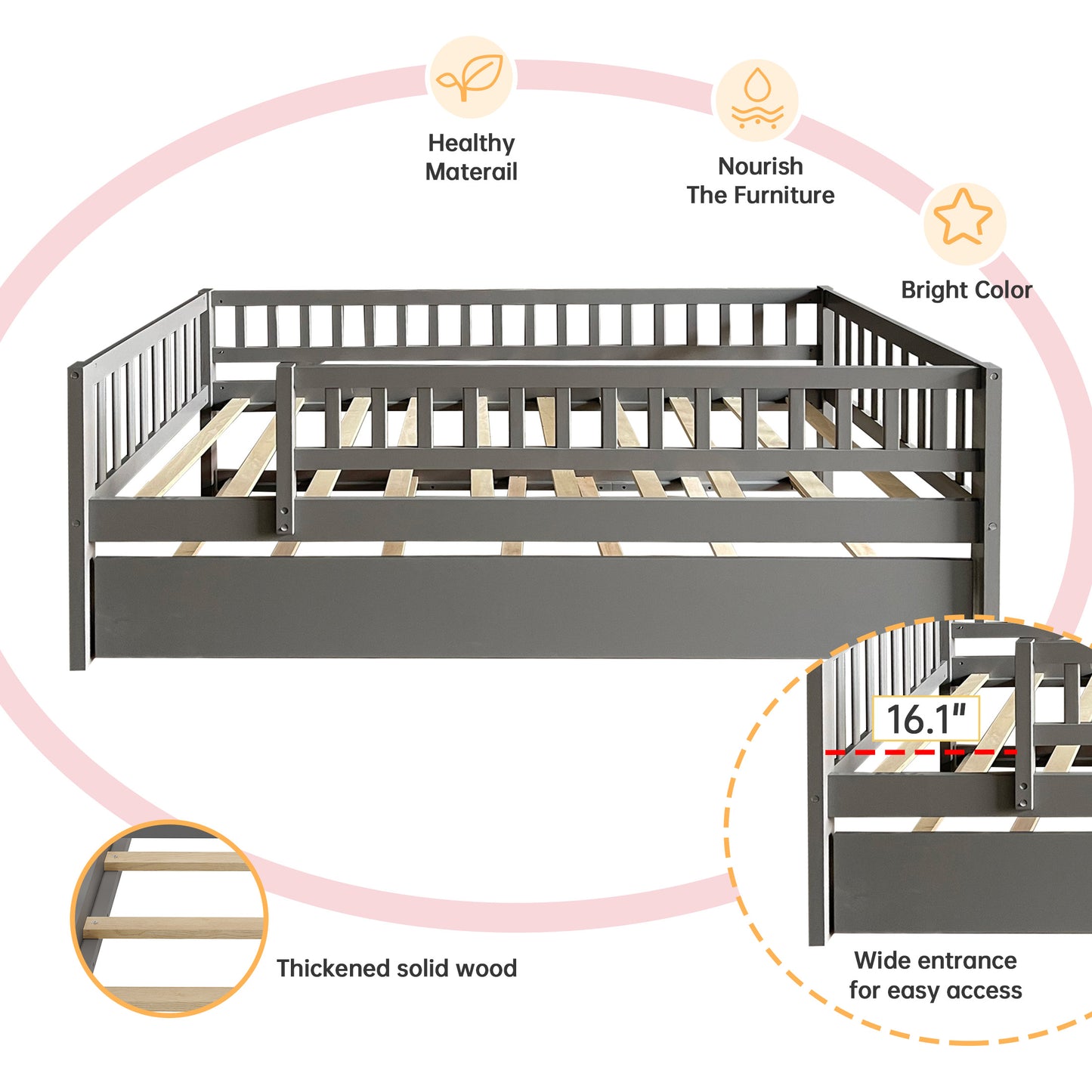 SYNGAR Twin Bed With Pull Out Trundle for Kids, Wooden Twin Size Bed Frames with Guardrails for Kid's Room, Bedroom, Trundle Bed Frame, No Box Spring Needed, Wood Slat Support, Gary