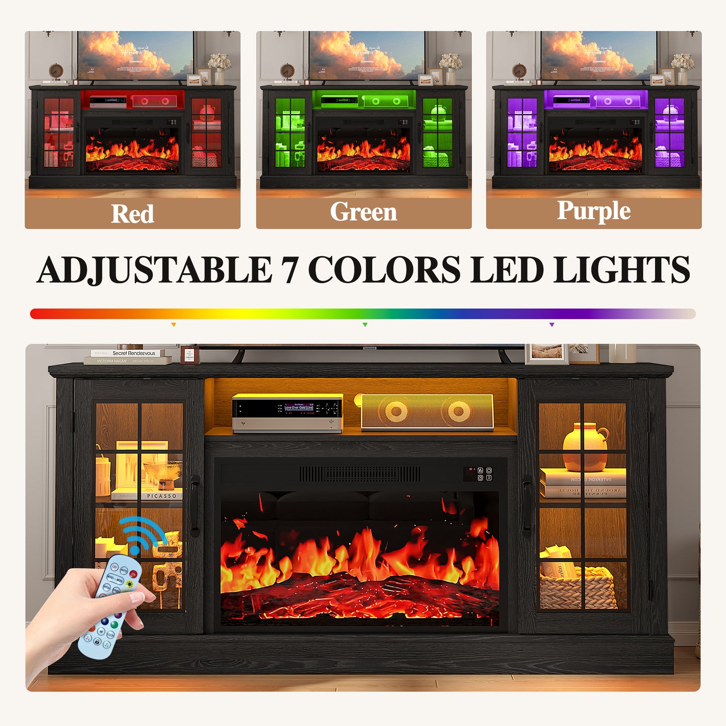 SYNGAR 63" Fireplace TV Stand for TVs up to 70" with 32" Electric Fireplace, Entertainment Center with LED, Modern Television Table Center With Remote Control for Living Room, Black