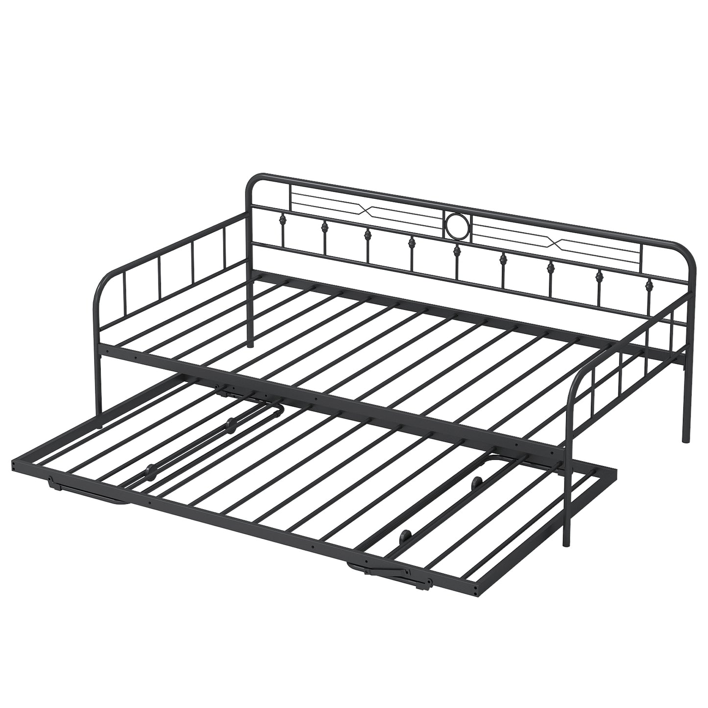 SYNGAR Twin Size Daybed with Pop Up Trundle for Kids Adults, Modern Metal Sofa Bed Platform Bed with Adjustable Trundle Can be Risen as High as Bed, Strong Steel Slat Support, Black