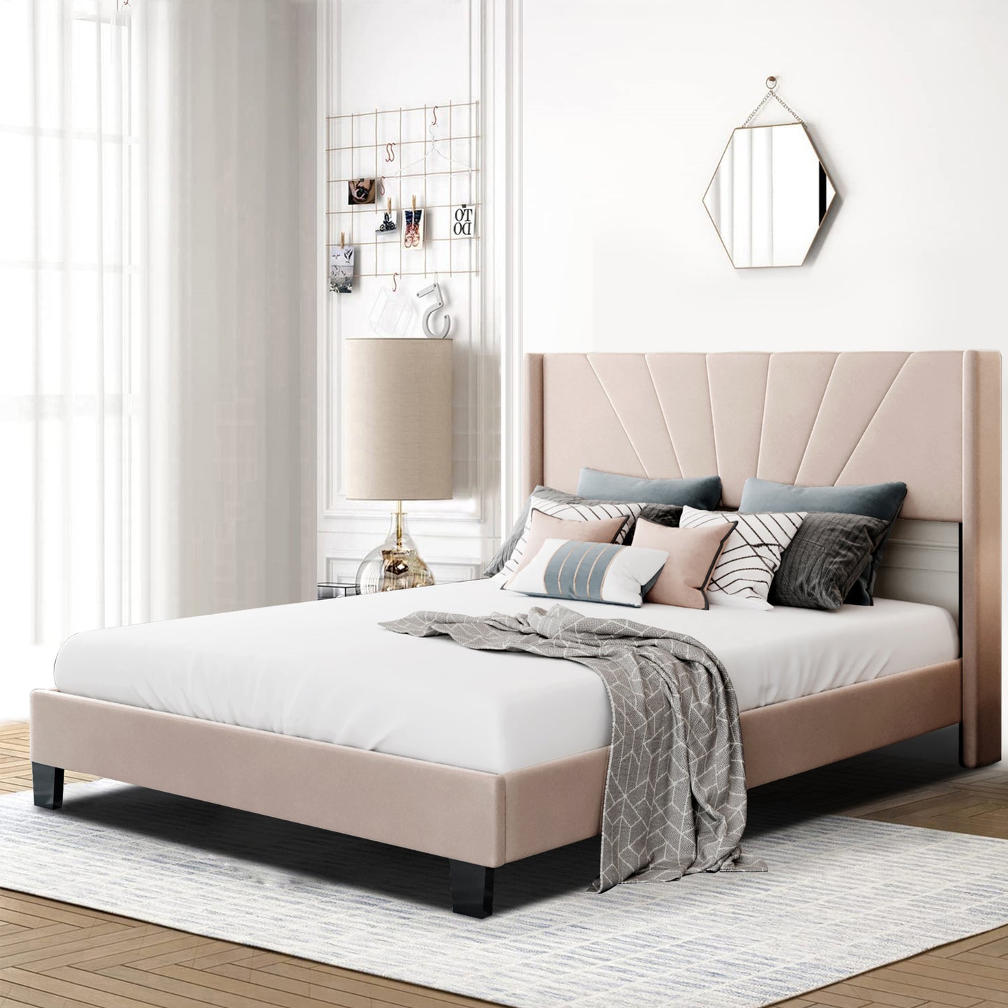 SYNGAR Upholstered Platform Bed with Velvet Tufted Headboard, Queen Size Platform Bed Frame in Gray, Box Spring Needed, Bedroom Furniture Queen Bedframe for Kids Teens Adults