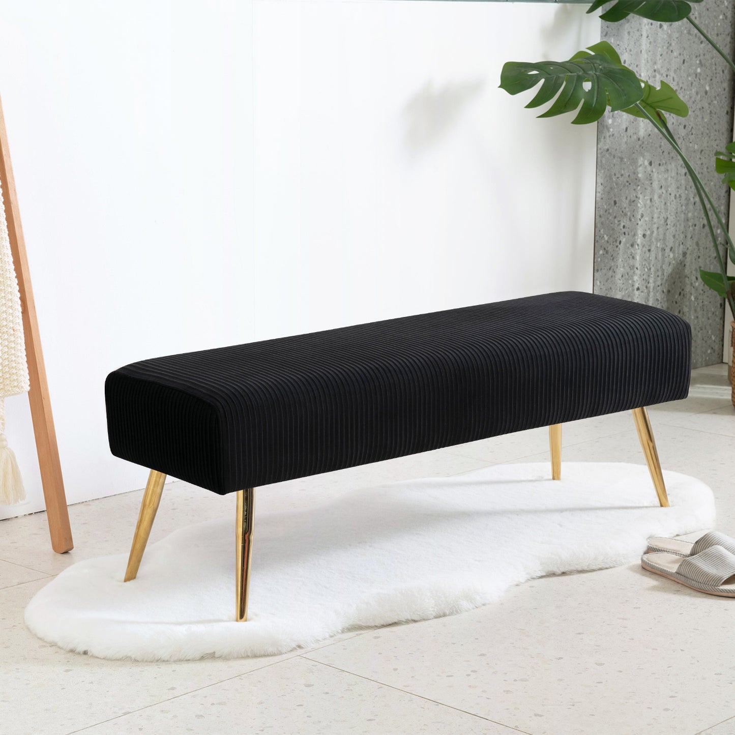 SYNGAR Upholstered Bench, Mid Century Modern Rectangular Footrest for Bedroom Entryway Channel, Velvet Fabric Bench for Bedroom End of Bed, Entryway Ottoman Bench with Gold Metal Legs, Black