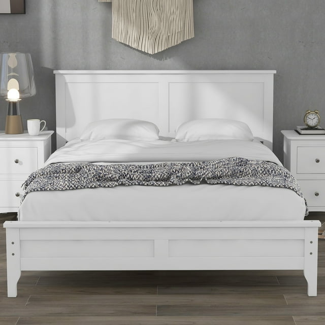 Full Bed Frames with Headboard, Solid Wood Full Platform Bed, No Box Spring Needed, White, LJ2079