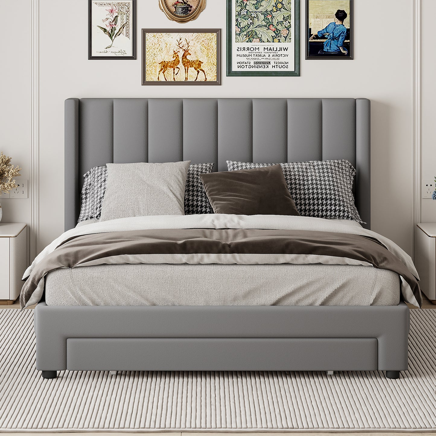 SYNGAR Queen Size Bed Frame, Modern Upholstered Velvet Platform Bed Frame with Headboard and Drawer, Strong Support Legs and Wood Slats, No Box Spring Needed, Easy Assembly, Gray