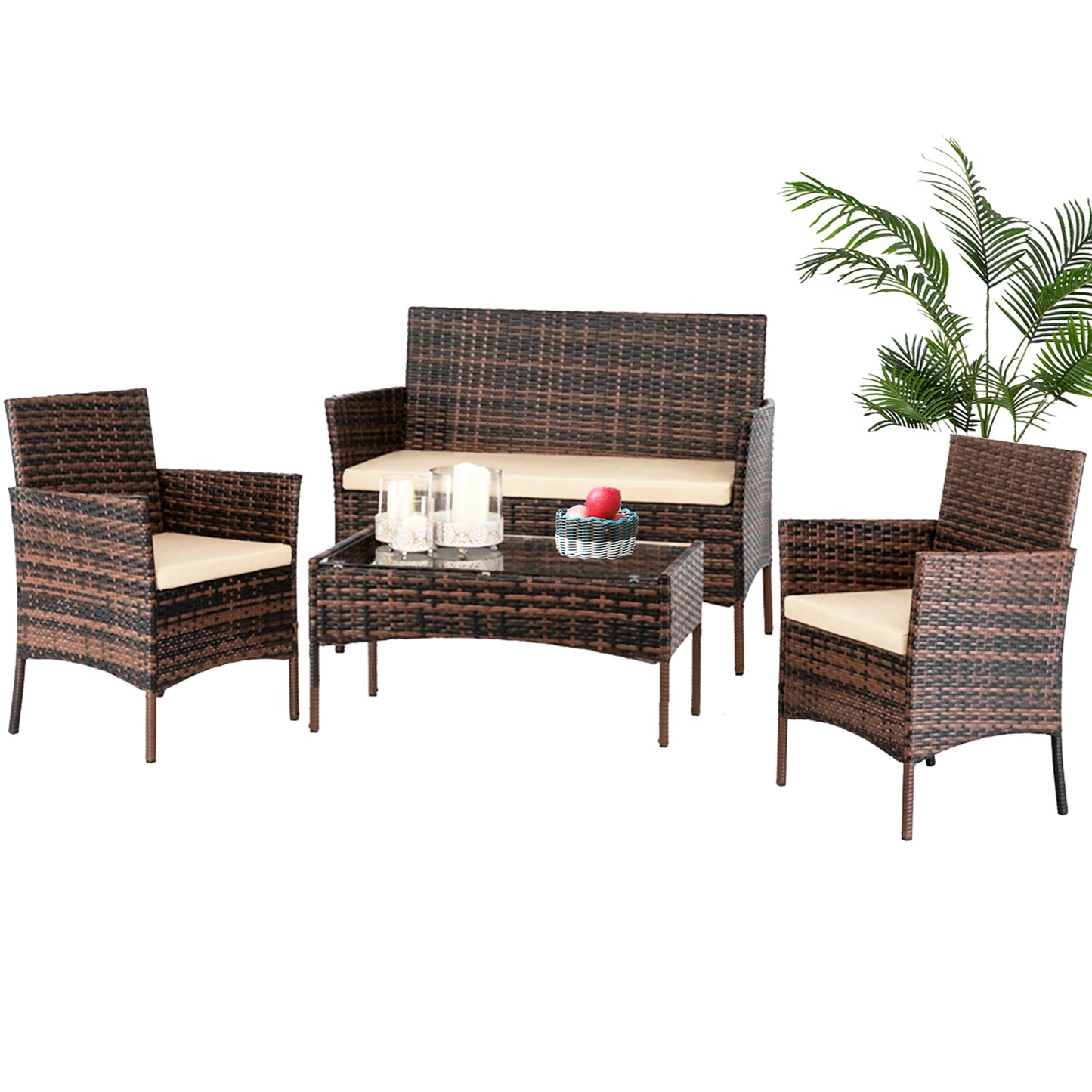 Syngar Patio Furniture Set, 4 Pieces Outdoor Rattan Conversation Sofa Set, All-Weather Wicker Patio Sets, Cushioned Sofa and Coffee Table for Garden Deck Courtyard, Brown