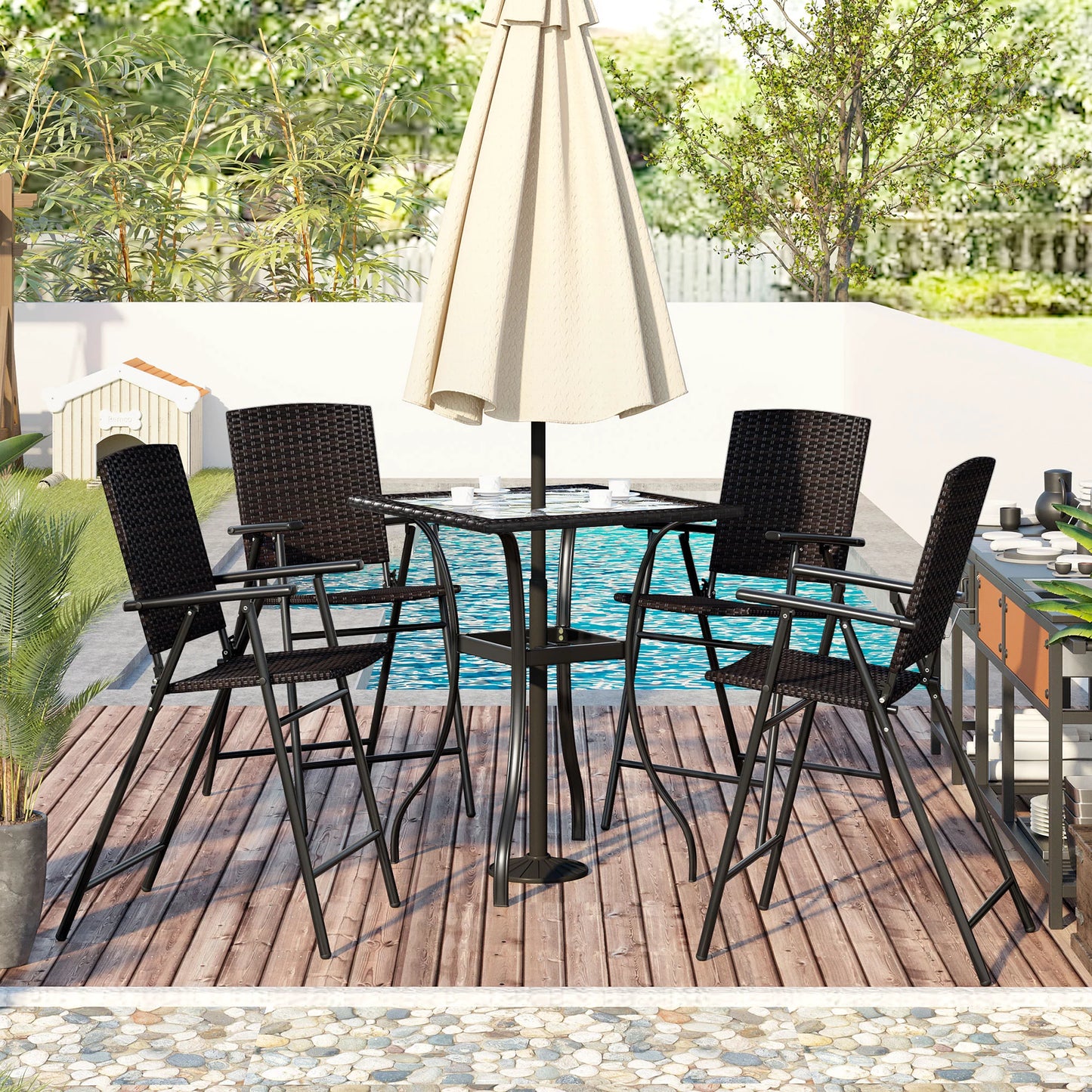 Outdoor Bar Set of 5, Patio Rattan Bar Dining Set with Table and Bar Stools, Counter Height Table Set with Chairs, Patio Wicker Furniture Conversation Set for Garden, Balcony, Pool