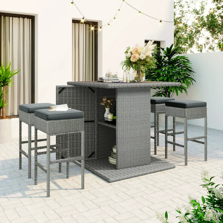 Outdoor Bar Set of 5, Patio Rattan Bar Dining Set with Table and Bar Stools, Counter Height Table Set with Chairs, Patio Wicker Furniture Conversation Set for Garden, Balcony, Pool