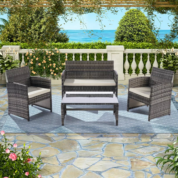 8 PCS Outdoor Patio Bistro Furniture Set, All-Weather Rattan Chair Set, Conversation Furniture Sets, Cushioned Seat & Glass Table, Bistro Table Set for Porch Garden Poolside Balcony