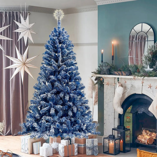 6FT Pre-Lit Snow Flocked Artificial Christmas Tree with 750 Branch Tips, 300 LED Lights, Hinged Fir Artificial Xmas Tree for Christmas, Festival, Halloween, Holiday, Party, Wedding, Blue