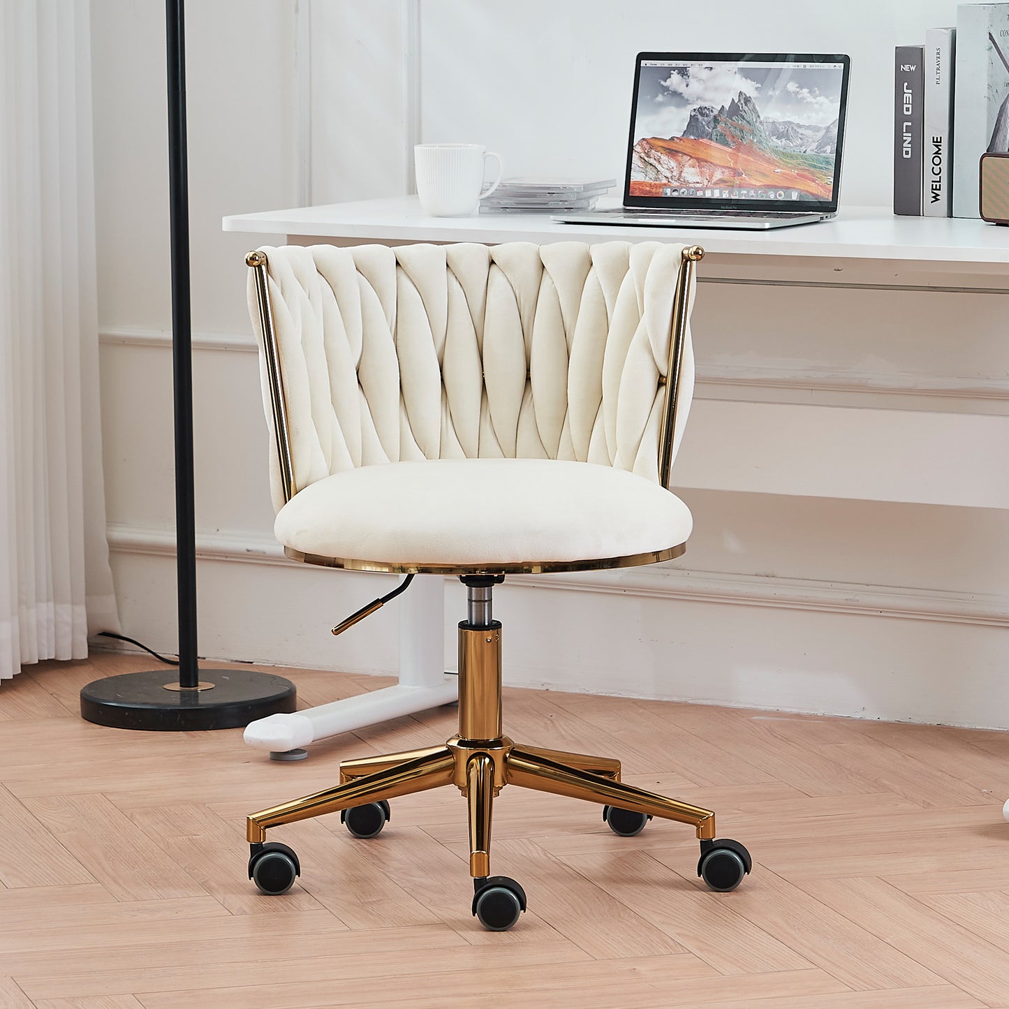 Home Office Desk Chair, SYNGAR Modern Criss-Cross Chair with Wheels, Upholstered Vanity Chair, Computer Chair Office Chair for Living Room Bedroom, Mid Back Height, Beige