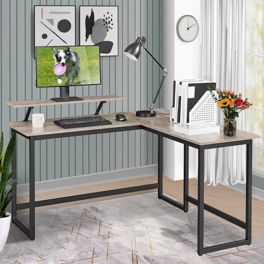 L-Shaped Computer Desk, Industrial Office Corner Desk, 58" Writing Study Table, Wood Tabletop Home Gaming Desk with Metal Frame, Large 2 Person Table for Home Office Workstation