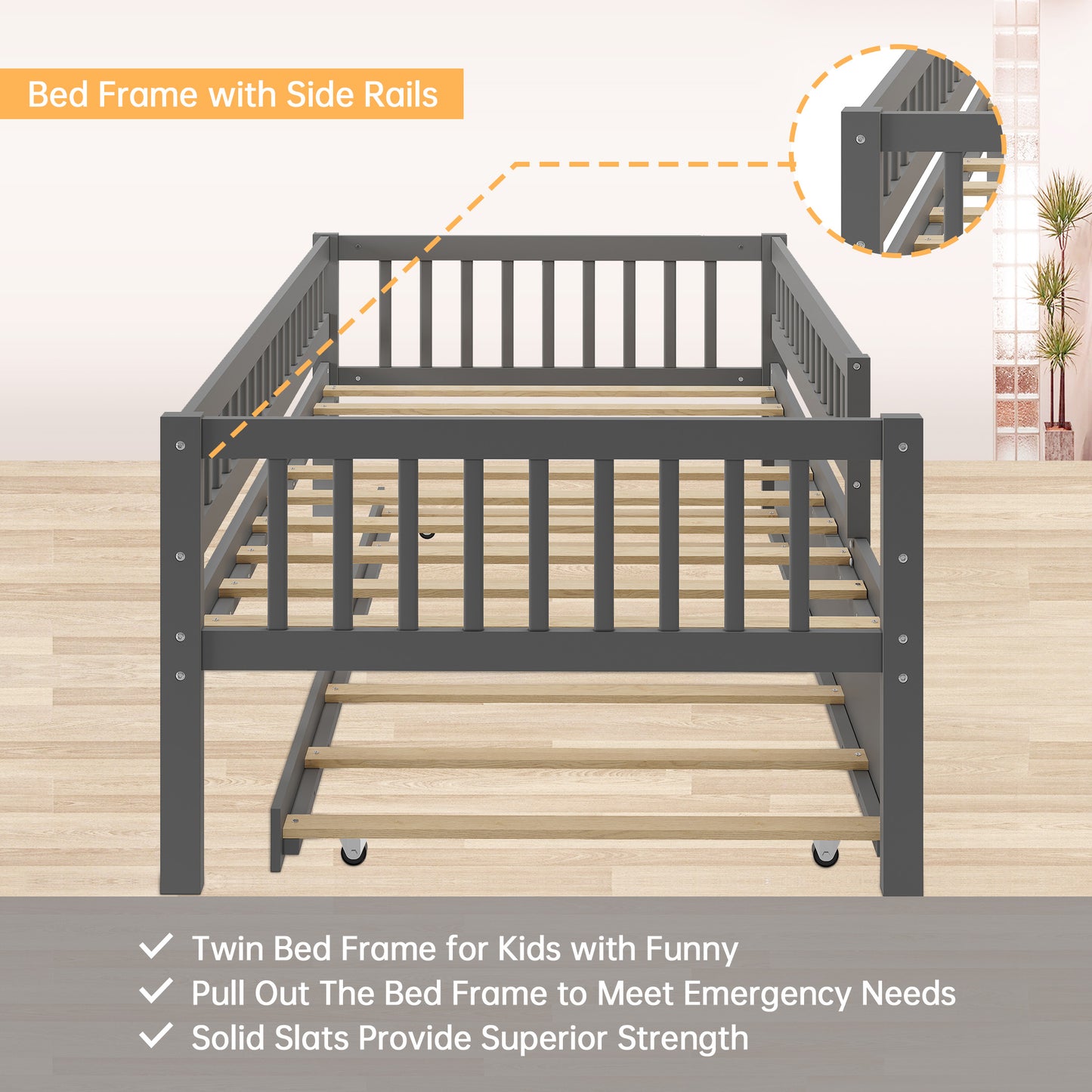 SYNGAR Twin Bed With Pull Out Trundle for Kids, Wooden Twin Size Bed Frames with Guardrails for Kid's Room, Bedroom, Trundle Bed Frame, No Box Spring Needed, Wood Slat Support, Gary