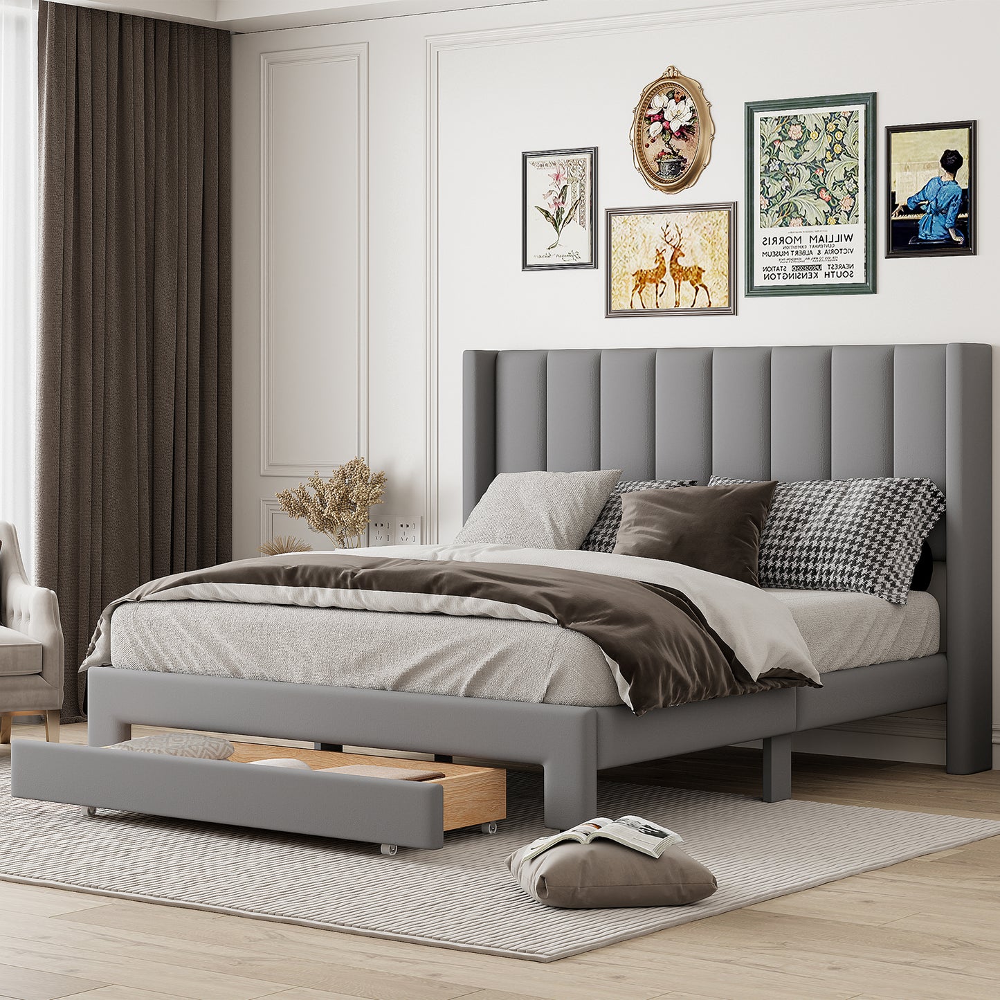 SYNGAR Queen Size Bed Frame, Modern Upholstered Velvet Platform Bed Frame with Headboard and Drawer, Strong Support Legs and Wood Slats, No Box Spring Needed, Easy Assembly, Gray