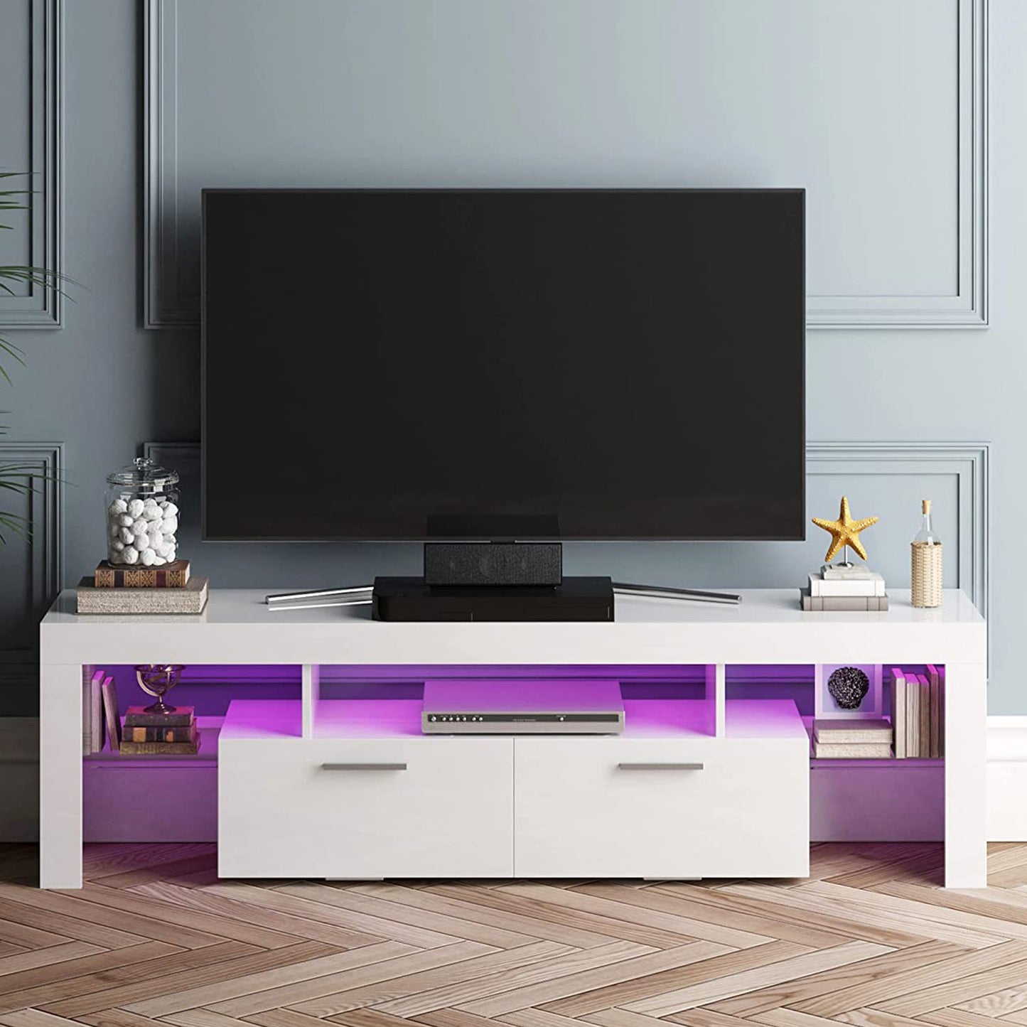 SYNGAR TV Stands for Living Room with LED Light up to 55" TV, Modern Entertainment Center with Storage Drawers and Glass Storage Shelves, Media Console, TV Stand Cabinet, Black