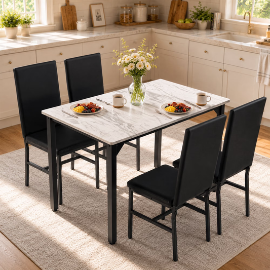 Syngar Dining Table with Chairs, Dining Room Table Set for 4, Faux Marble Tabletop and 5 PU Leather High Back Chairs, Kitchen Table and Chairs for Small Space, WB